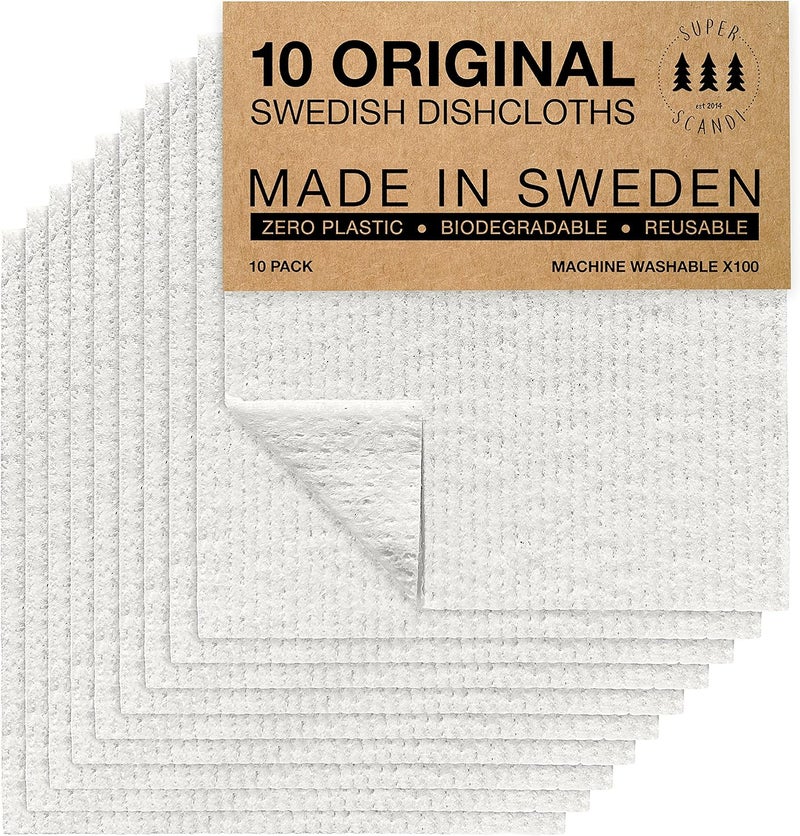 سوبر سكاندي حزمة من 10 مناديل مائدة سويدية من SUPERSCANDI للمطبخ - مناديل ورقية قابلة للتحلل البيولوجي والتسميد بنسبة 100%، قابلة لإعادة الاستخدام، آمنة للطعام وخالية من البلاستيك، لون أبيض - Image 1