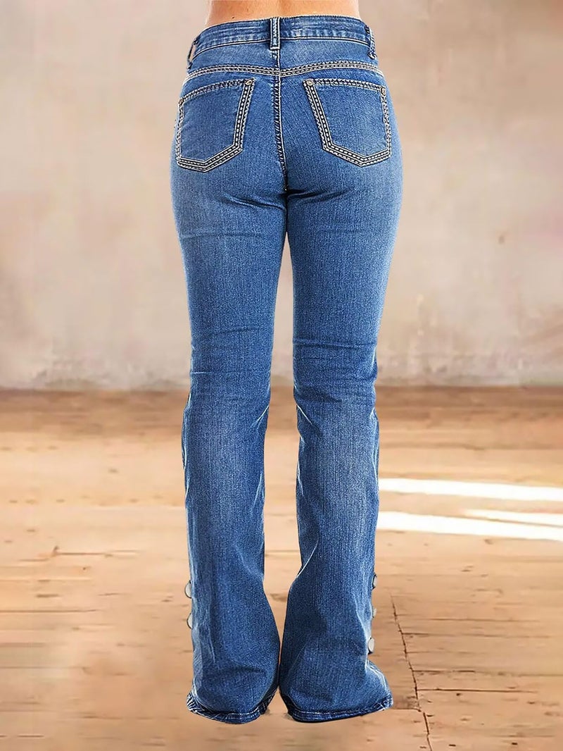 Flamingals Women's Bootcut Jeans Low Waist Vintage Casual Ripped Button Split Hem Stretchy Boot Cut Flare Denim Jeans Mid Blue XL - Image 3