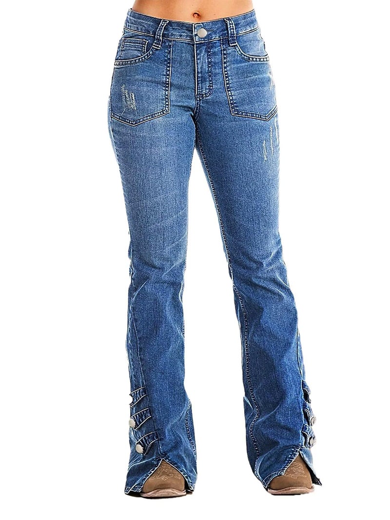Flamingals Women's Bootcut Jeans Low Waist Vintage Casual Ripped Button Split Hem Stretchy Boot Cut Flare Denim Jeans Mid Blue XL - Image 1