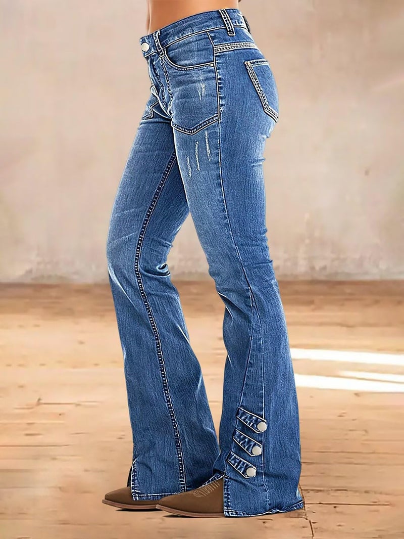 Flamingals Women's Bootcut Jeans Low Waist Vintage Casual Ripped Button Split Hem Stretchy Boot Cut Flare Denim Jeans Mid Blue XL - Image 2