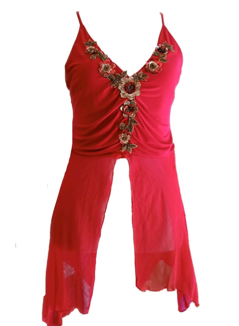 Women low high strap sequin party top lycra with chiffon - Image 1
