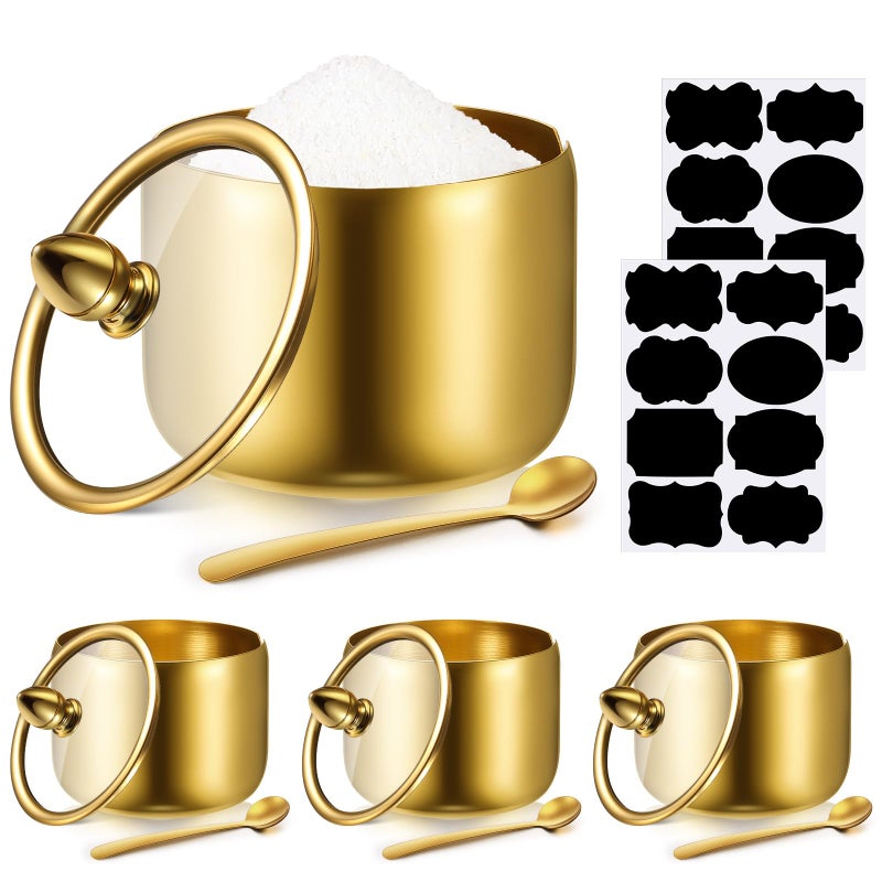 Baderke حاوية سكر من بادركي 4 قطع سعة 98 أونصة من الفولاذ المقاوم للصدأ مع غطاء وملعقة وعلامة للتوابل والقهوة والشاي والفلفل والأعشاب باللون الذهبي