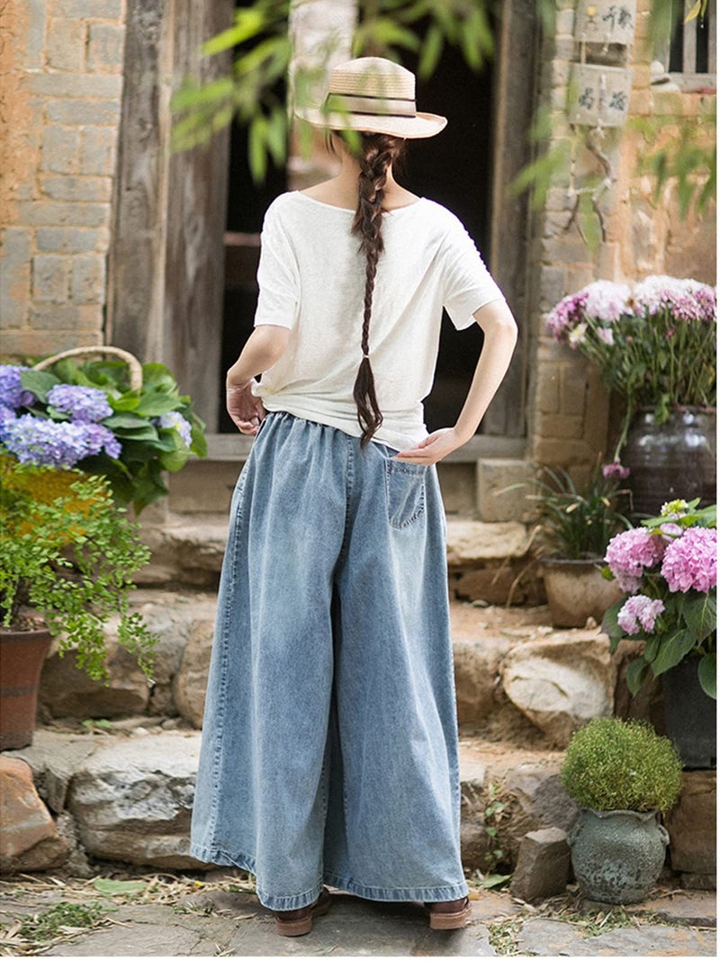 UQJE Women's Wide Leg Baggy Jeans Plus Size Loose Elastic Waist Denim Pants with Deep Pockets Light Blue - Image 4