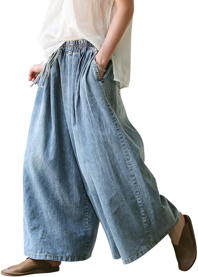 UQJE Women's Wide Leg Baggy Jeans Plus Size Loose Elastic Waist Denim Pants with Deep Pockets Light Blue - Image 1