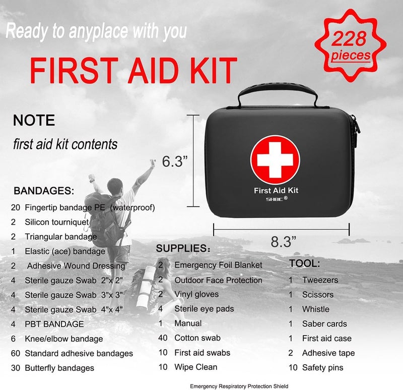 SHBC Waterproof First Aid Kit 228pcs with All Basic or Advanced Supplies You Need Suitable for Emergencies at Home or Outside Travel Home Camping Black - Image 2