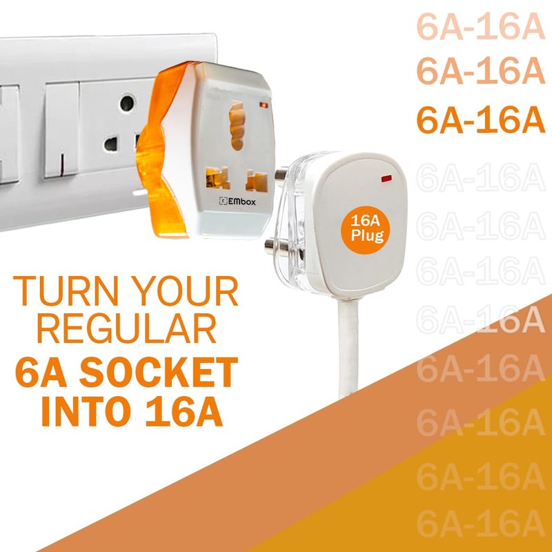 EMBOX محول قابس 6A إلى 16A للأجهزة المنزلية الثقيلة - قابس 3 دبابيس مع مؤشر LED مناسب لجميع القوابس الدولية - عبوة من 2 - Image 2