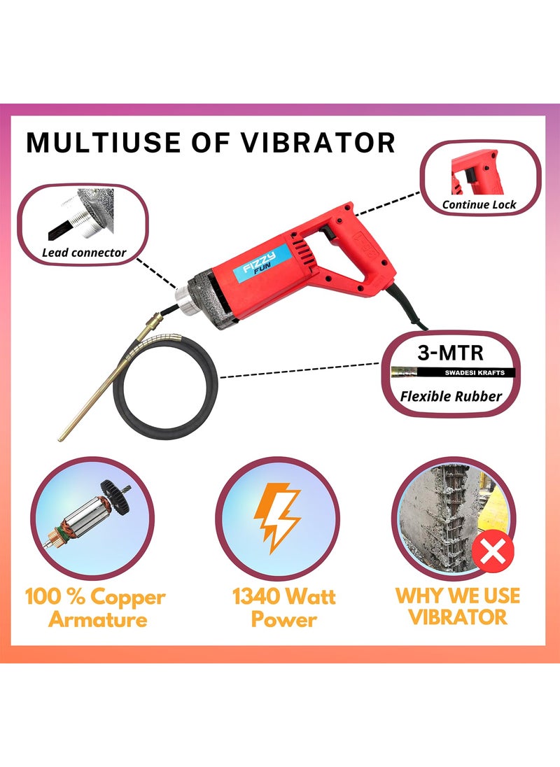 Fizzy Fun Fizzy Fun Concrete Vibrator With 3 Mitre Needle Shaft 1340WTT 13900RPM Electric Vibrator Machine  - Image 2