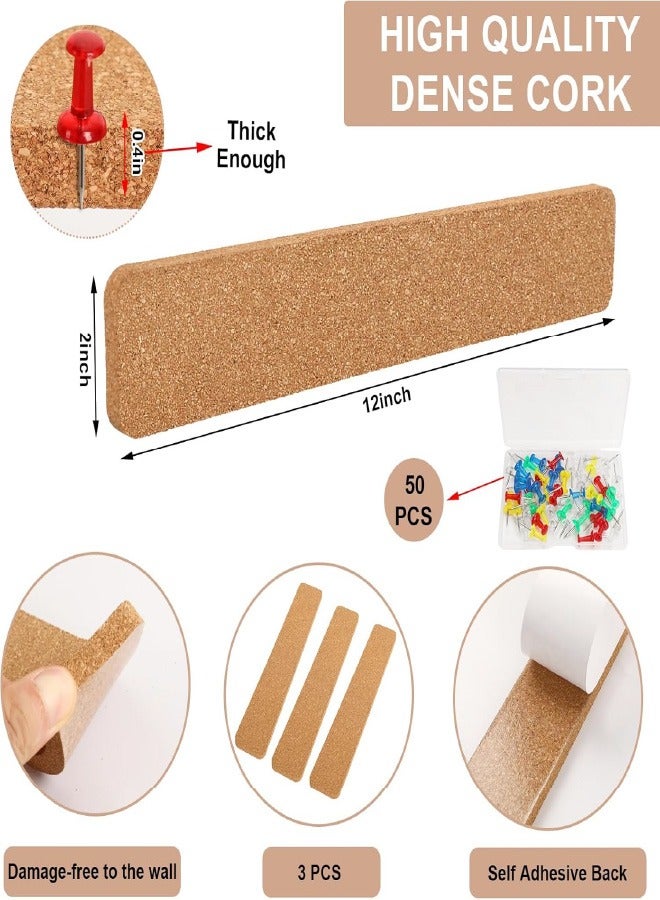 Generic Cork Board Strips, 3 Pack Cork Strips for Walls 15x2 Inch Small Cork Boards for Walls Self Adhesive with 50 Push Pins  - Image 2
