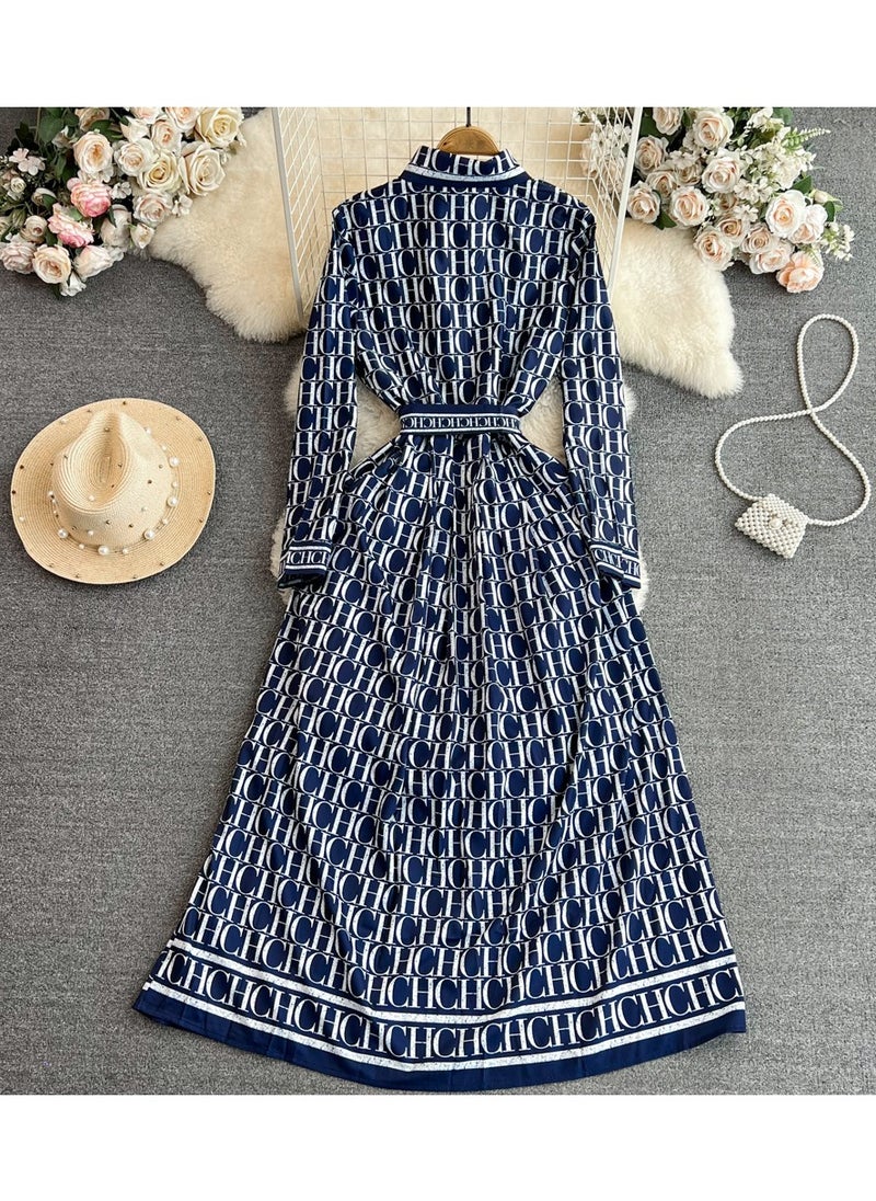 KUYING Retro Style Long Sleeved Lapel Cinched Waist Slimming A-Line Printed Shirt Dress  - Image 2