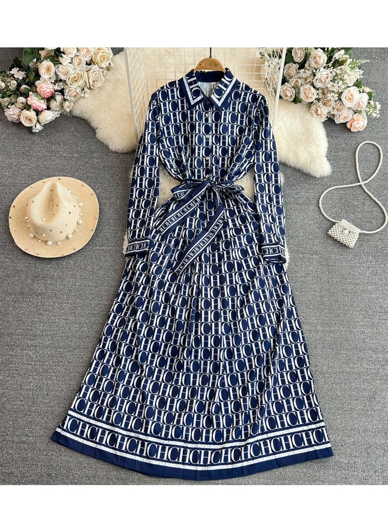 KUYING Retro Style Long Sleeved Lapel Cinched Waist Slimming A-Line Printed Shirt Dress  - Image 1