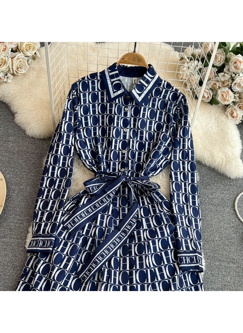 KUYING Retro Style Long Sleeved Lapel Cinched Waist Slimming A-Line Printed Shirt Dress  - Image 3