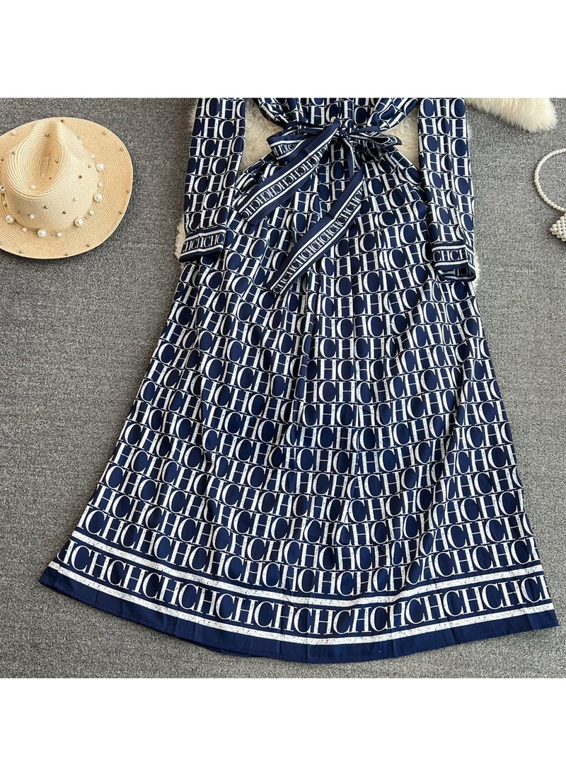 KUYING Retro Style Long Sleeved Lapel Cinched Waist Slimming A-Line Printed Shirt Dress  - Image 4