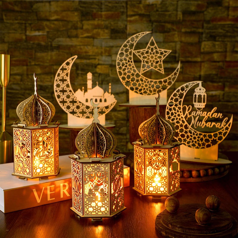 Rossesay 9 Pcs Eid Decorations Ramadan Lanterns with LED Lights Moon Hollow Eid Plaque Set Eid Mubarak Table Decor Muslim Wooden Hanging Lantern Night Light for Ramadan Kareem Party Decorations - Image 2