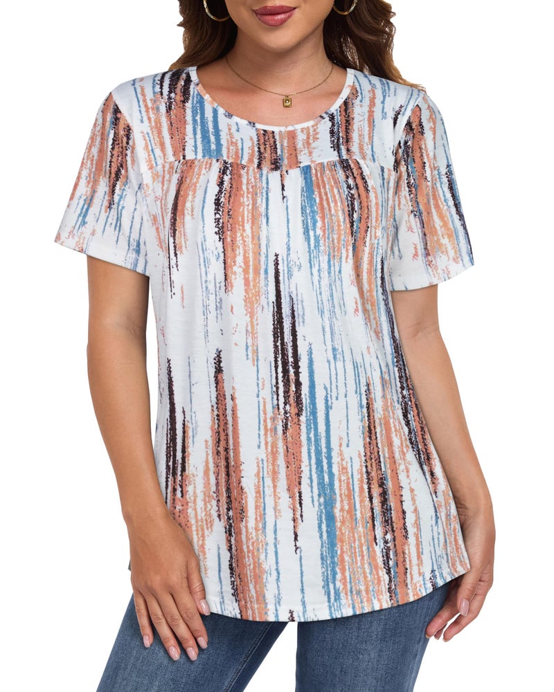 CHICGAL Womens T Shirts Short Sleeve Tops Casual Pleated Front Blouses Flowy Scooped Neck Summer Outfits(Vertical Stripes Printed,XL) - Image 2