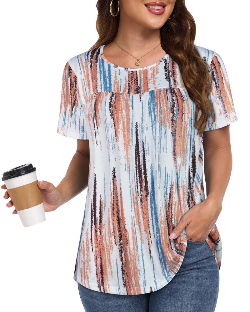 CHICGAL Womens T Shirts Short Sleeve Tops Casual Pleated Front Blouses Flowy Scooped Neck Summer Outfits(Vertical Stripes Printed,XL) - Image 3