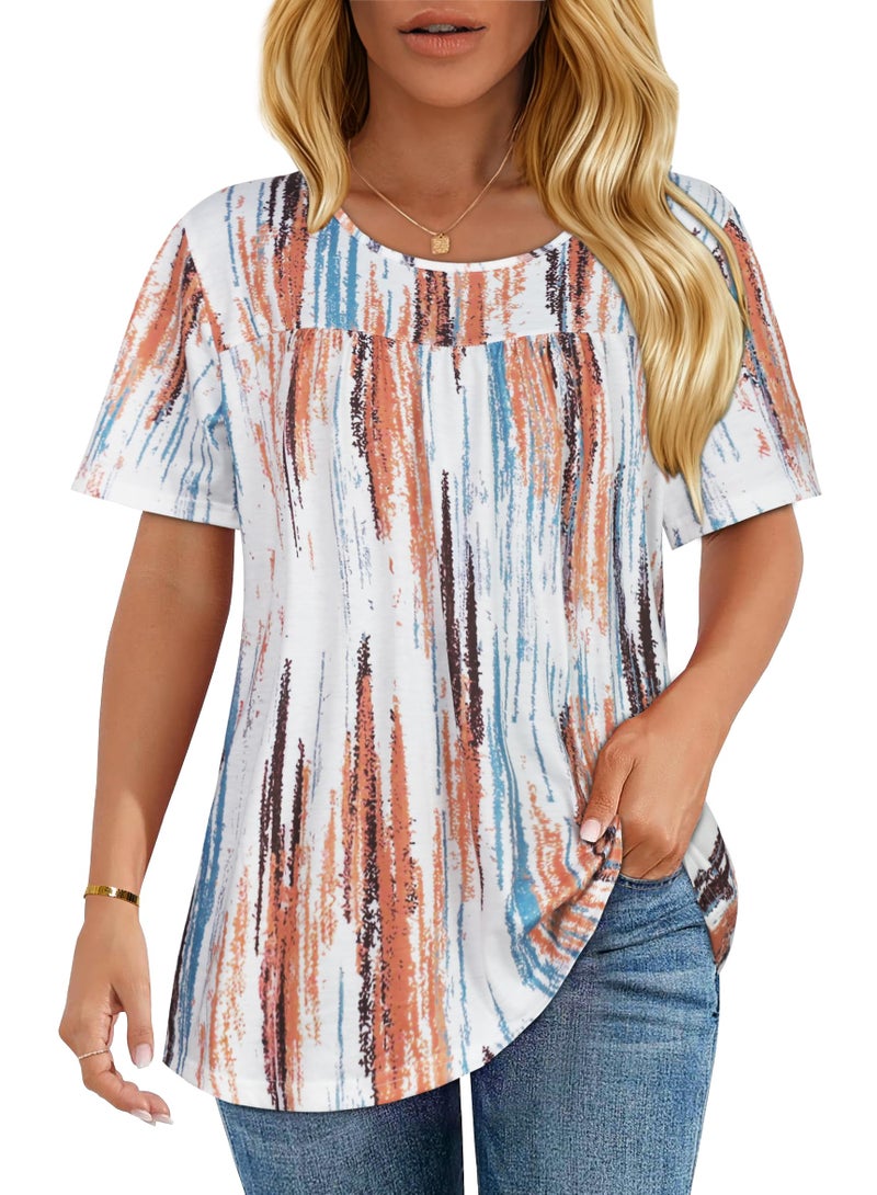 CHICGAL Womens T Shirts Short Sleeve Tops Casual Pleated Front Blouses Flowy Scooped Neck Summer Outfits(Vertical Stripes Printed,XL) - Image 1