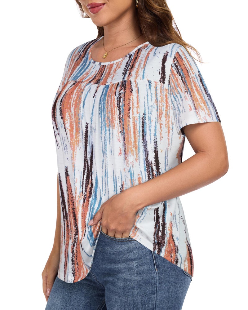 CHICGAL Womens T Shirts Short Sleeve Tops Casual Pleated Front Blouses Flowy Scooped Neck Summer Outfits(Vertical Stripes Printed,XL) - Image 4