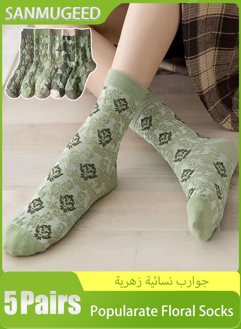 SANMUGEED Popularate Vintage Embroidered Floral Socks,5 Pairs Womens Floral Patterned Retro Casual Cute Warm Socks,Cotton Crew Socks - Image 1