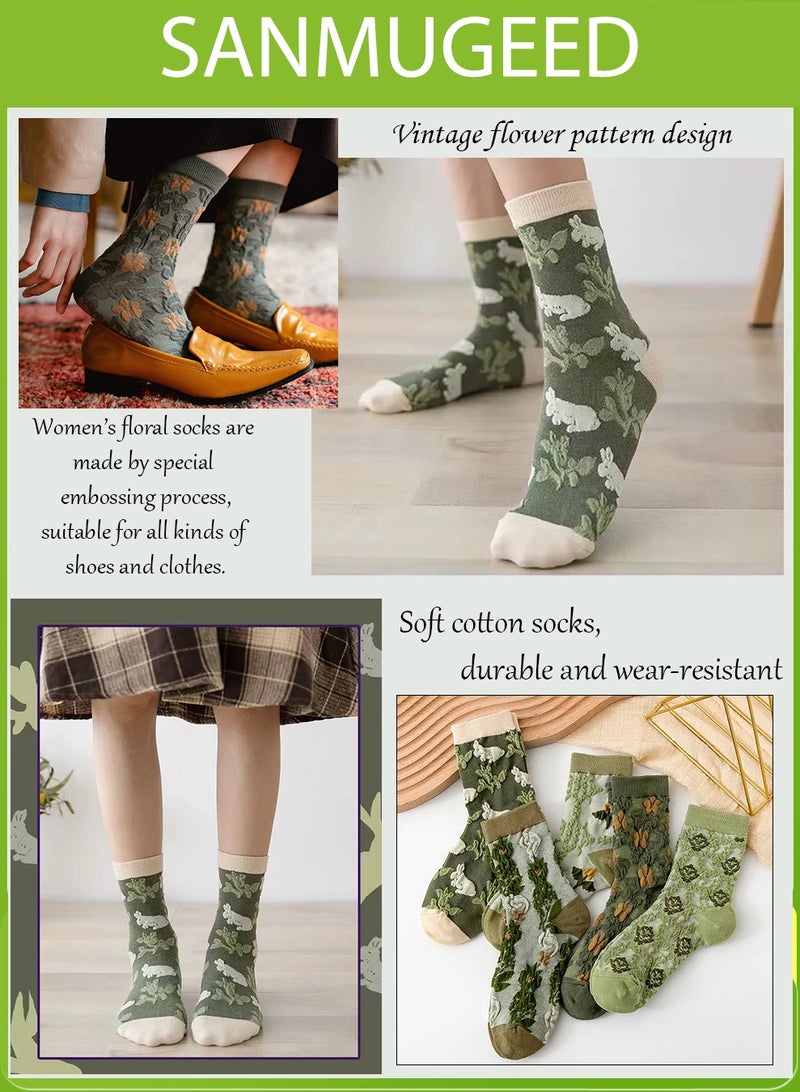 SANMUGEED Popularate Vintage Embroidered Floral Socks,5 Pairs Womens Floral Patterned Retro Casual Cute Warm Socks,Cotton Crew Socks - Image 2