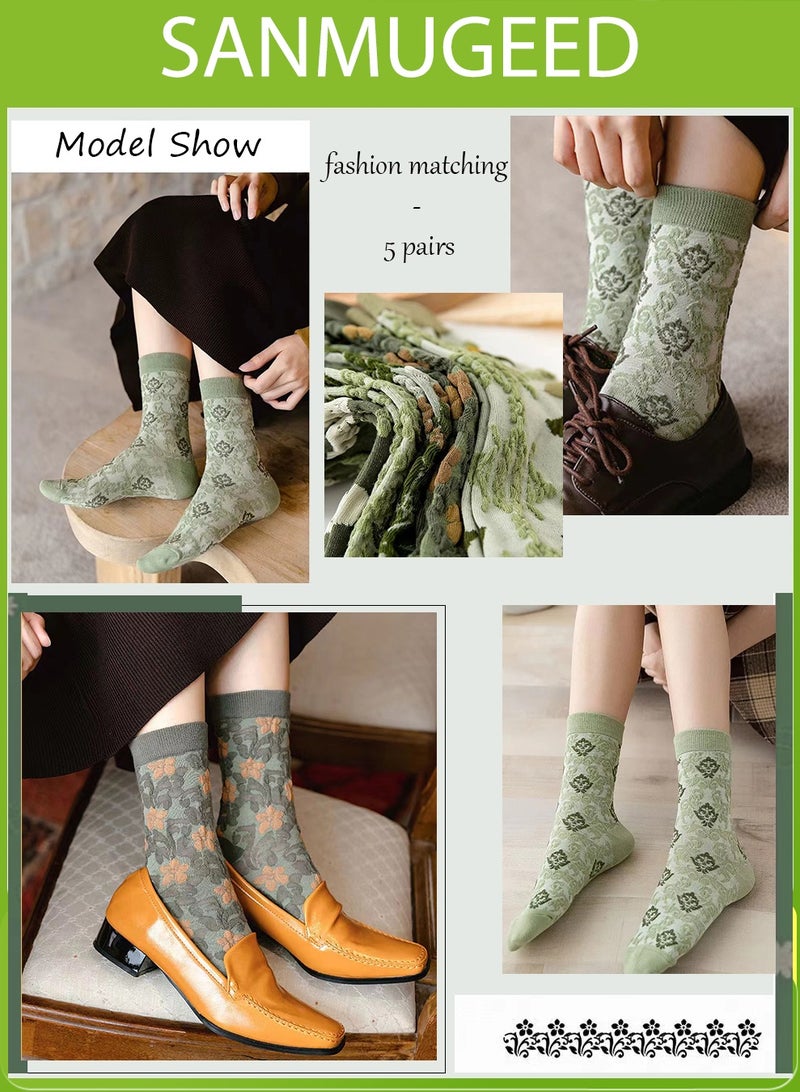SANMUGEED Popularate Vintage Embroidered Floral Socks,5 Pairs Womens Floral Patterned Retro Casual Cute Warm Socks,Cotton Crew Socks - Image 4