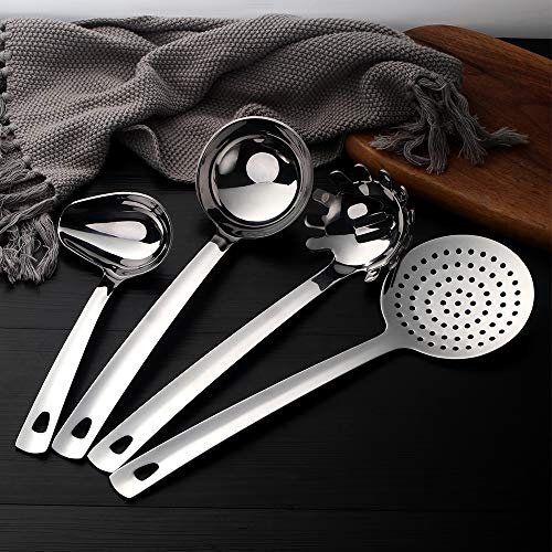 QOBIMOON Stainless Steel Kitchen Utensil Set -8 Cooking Utensils, Plated Set Kitchen Tools Gadgets Cake Shovels/Plain Spatula, Potato Masher, Spoon, Slotted Spoon, Soup Ladle-Sliver - Image 2