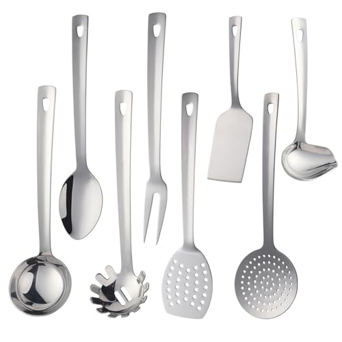 QOBIMOON Stainless Steel Kitchen Utensil Set -8 Cooking Utensils, Plated Set Kitchen Tools Gadgets Cake Shovels/Plain Spatula, Potato Masher, Spoon, Slotted Spoon, Soup Ladle-Sliver - Image 1