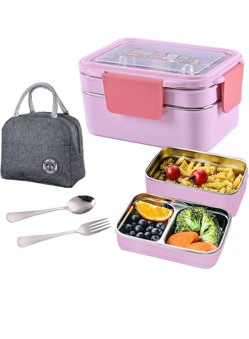 Beauenty Lunch Box, 2 Tier Stainless Steel Bento Lunch Box with 3 Compartments and Cutlery (Spoon & Fork) for Kids and Adults, Leakproof | BFA Free | Allow Dishwasher 1000ml (Pink) - Image 1