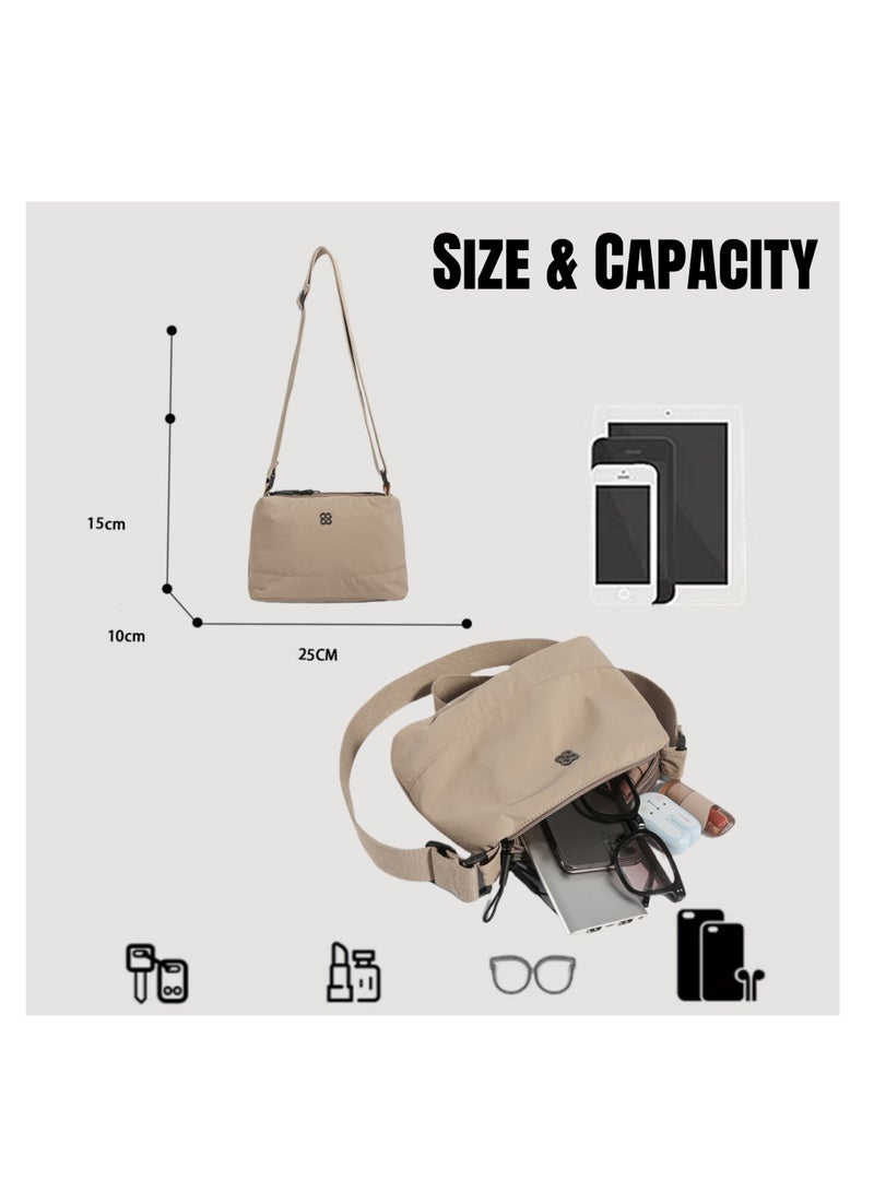 NOVOLAN Crossbody Shoulder Bag Lightweight Casual Multi-Layer, Waterproof Nylon Large Capacity for Students & Commuters, 24x16x9.5cm with 4 Zippered Compartments and 1 Hidden Inner Pocket (beige) - Image 5