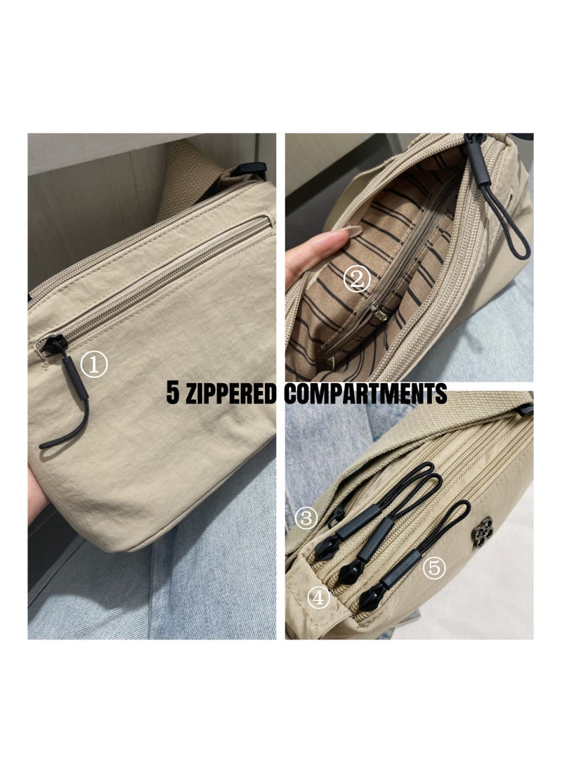 NOVOLAN Crossbody Shoulder Bag Lightweight Casual Multi-Layer, Waterproof Nylon Large Capacity for Students & Commuters, 24x16x9.5cm with 4 Zippered Compartments and 1 Hidden Inner Pocket (beige) - Image 2