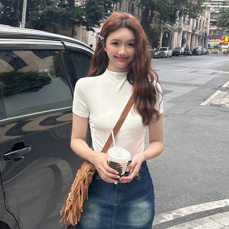 Js Half Turtleneck Threaded Short-Sleeved T-Shirt Women's Summer Loose Mid-Collar Half-Sleeved T-Shirt Elegant Shoulder-Sleeved Bottoming Top - Image 3