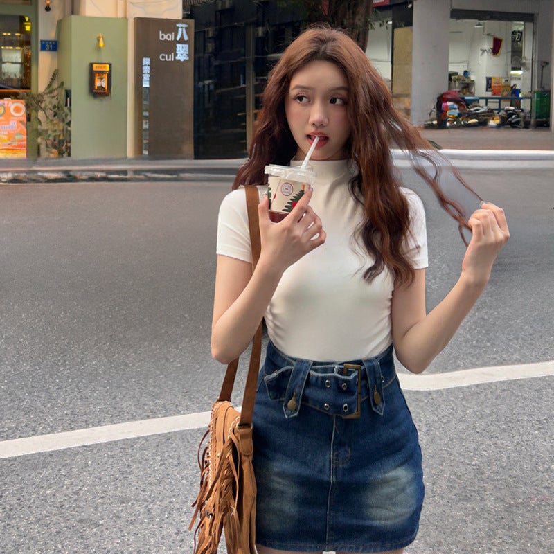 Js Half Turtleneck Threaded Short-Sleeved T-Shirt Women's Summer Loose Mid-Collar Half-Sleeved T-Shirt Elegant Shoulder-Sleeved Bottoming Top - Image 5