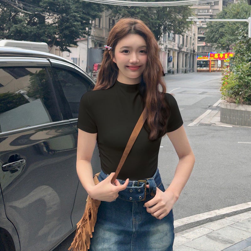Js Half Turtleneck Threaded Short-Sleeved T-Shirt Women's Summer Loose Mid-Collar Half-Sleeved T-Shirt Elegant Shoulder-Sleeved Bottoming Top - Image 1