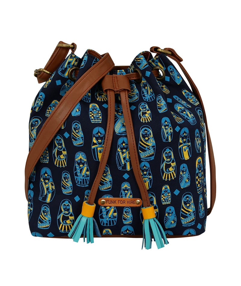 Funk For Hire Women’s Drawstring Sling Bag | Screen Printed Cotton Canvas with PU Details | Waterproof Nylon Lining | Adjustable Strap | Lightweight Handcrafted Shoulder Bag – Navy - Image 1