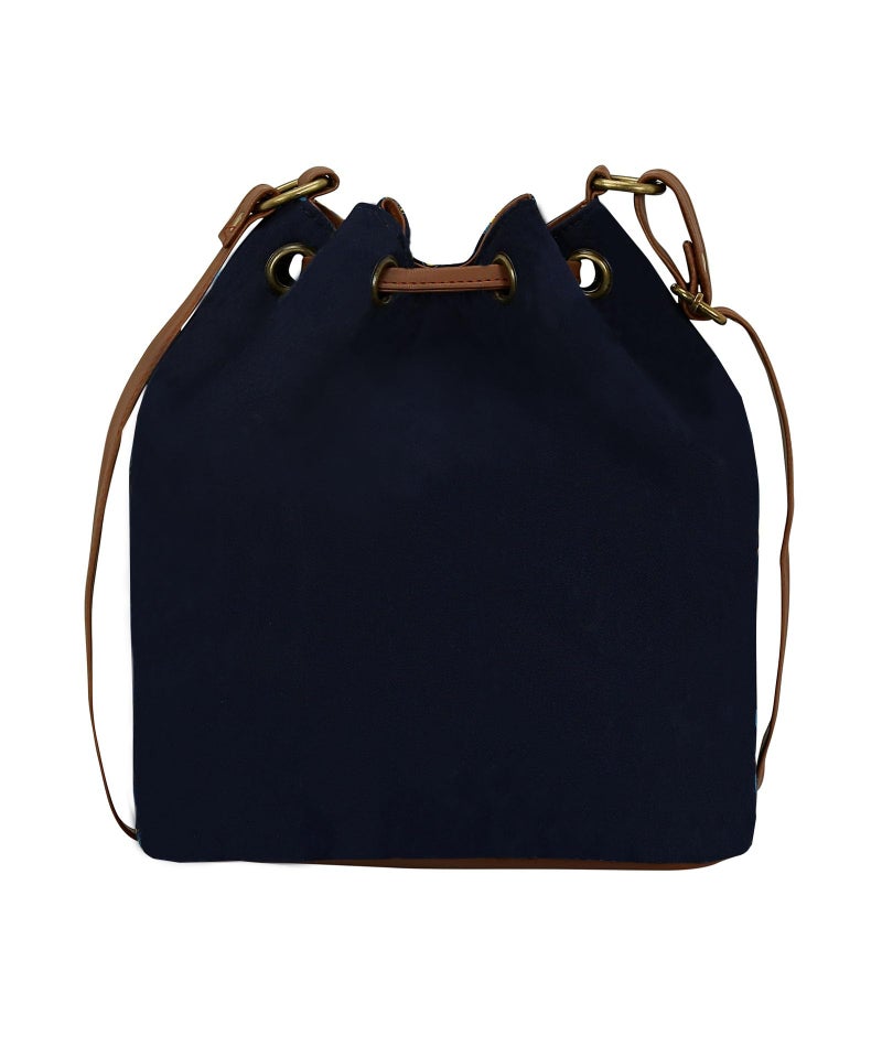 Funk For Hire Women’s Drawstring Sling Bag | Screen Printed Cotton Canvas with PU Details | Waterproof Nylon Lining | Adjustable Strap | Lightweight Handcrafted Shoulder Bag – Navy - Image 3