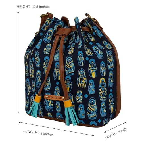 Funk For Hire Women’s Drawstring Sling Bag | Screen Printed Cotton Canvas with PU Details | Waterproof Nylon Lining | Adjustable Strap | Lightweight Handcrafted Shoulder Bag – Navy - Image 2