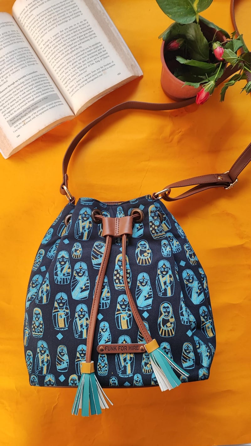 Funk For Hire Women’s Drawstring Sling Bag | Screen Printed Cotton Canvas with PU Details | Waterproof Nylon Lining | Adjustable Strap | Lightweight Handcrafted Shoulder Bag – Navy - Image 4