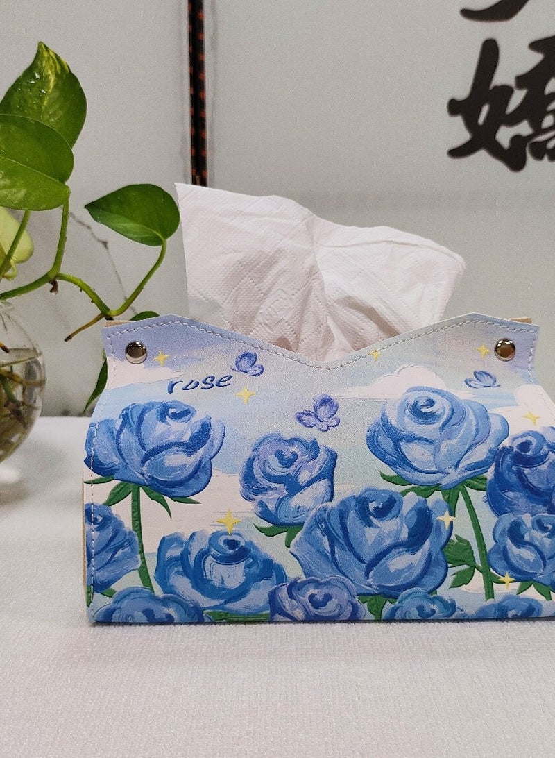Genuine leather high-end temperament printed tissue box for home living room and car tissue box flower tissue storage box (Blue Enchantress)