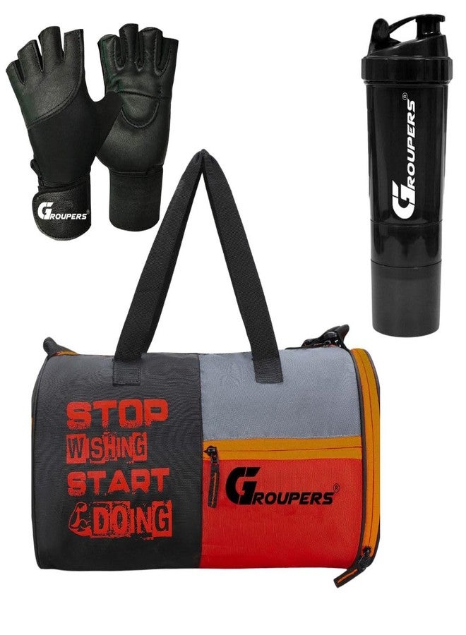 GROUPERS Gym Bag Combo Set for Men & Women, 20L Duffle Bag for Gym/Travel with Separate Shoe Pocket,Protein Shaker Bottle 500ml, Weight Lifting Gloves, 3-in-1 Fitness Accessories Kit - Image 1