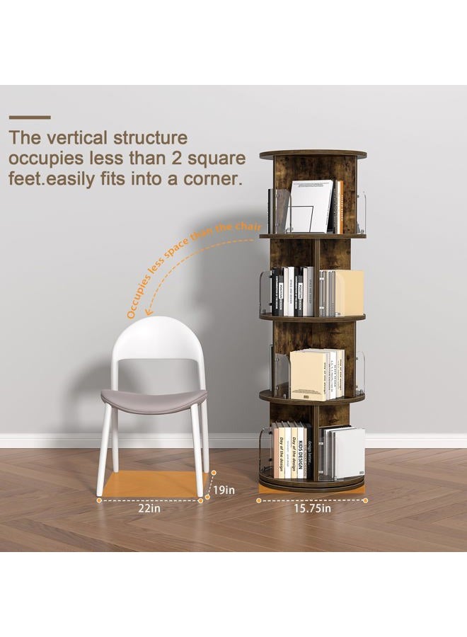 VECELO 4 Tier Revolving Bookshelf Tower, 360° Display Floor Standing Storage Rack with Acrylic Visible Window Partition for Bedroom, Living Room Home and Office, Brown - Image 3