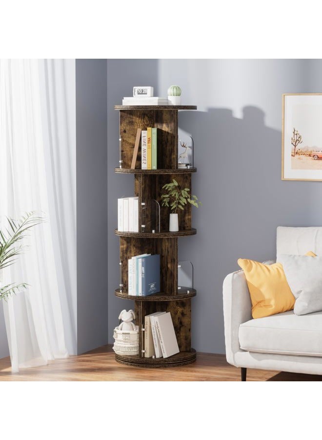 VECELO 4 Tier Revolving Bookshelf Tower, 360° Display Floor Standing Storage Rack with Acrylic Visible Window Partition for Bedroom, Living Room Home and Office, Brown - Image 5