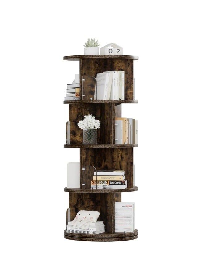 VECELO 4 Tier Revolving Bookshelf Tower, 360° Display Floor Standing Storage Rack with Acrylic Visible Window Partition for Bedroom, Living Room Home and Office, Brown - Image 1