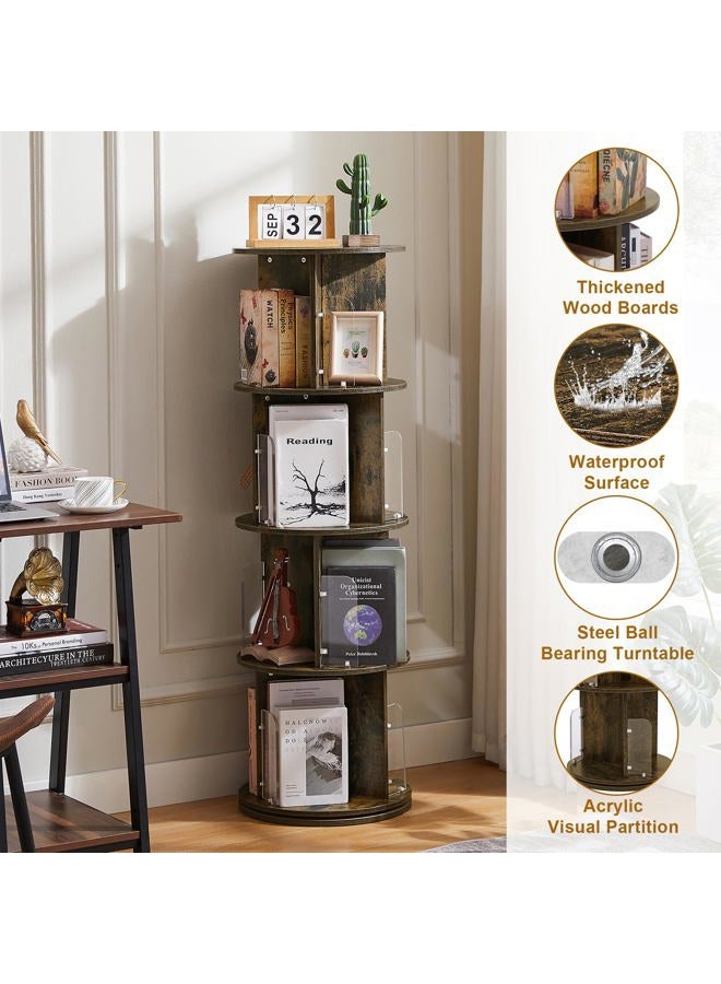 VECELO 4 Tier Revolving Bookshelf Tower, 360° Display Floor Standing Storage Rack with Acrylic Visible Window Partition for Bedroom, Living Room Home and Office, Brown - Image 2
