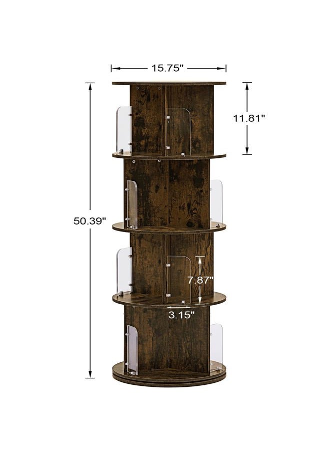 VECELO 4 Tier Revolving Bookshelf Tower, 360° Display Floor Standing Storage Rack with Acrylic Visible Window Partition for Bedroom, Living Room Home and Office, Brown - Image 4