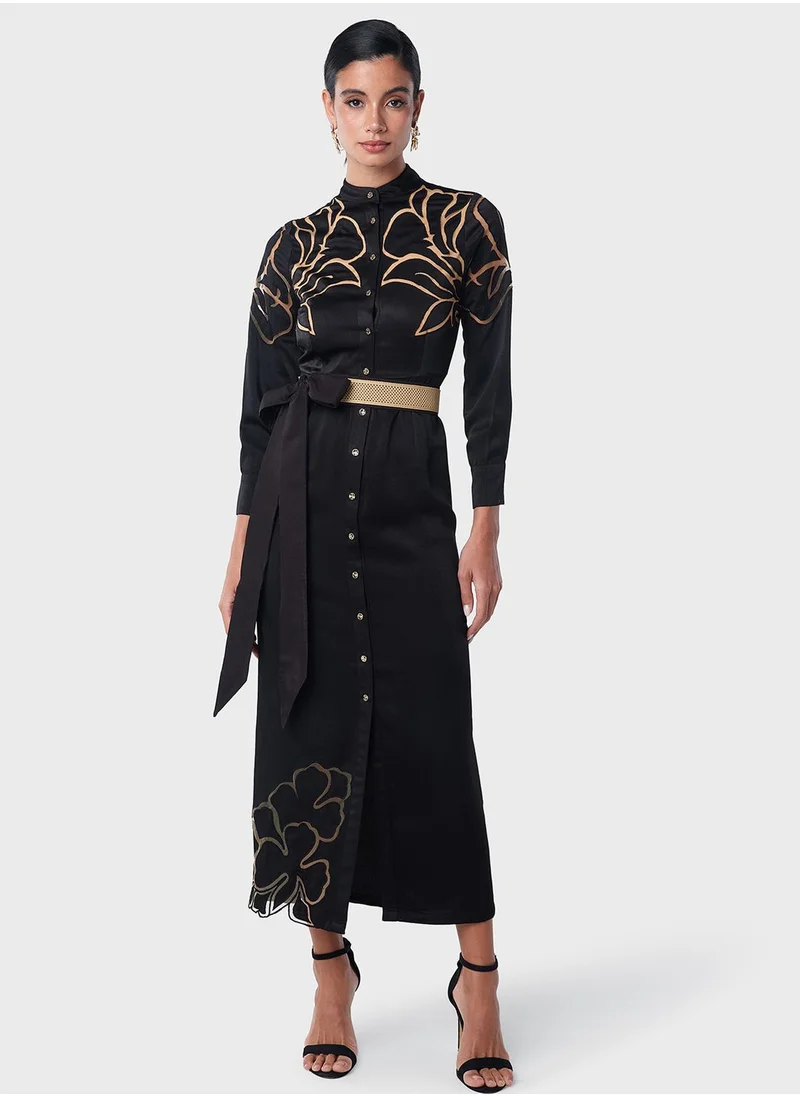 Threadz by Ajooni Cane Belted Laser Cut Shirt Dress