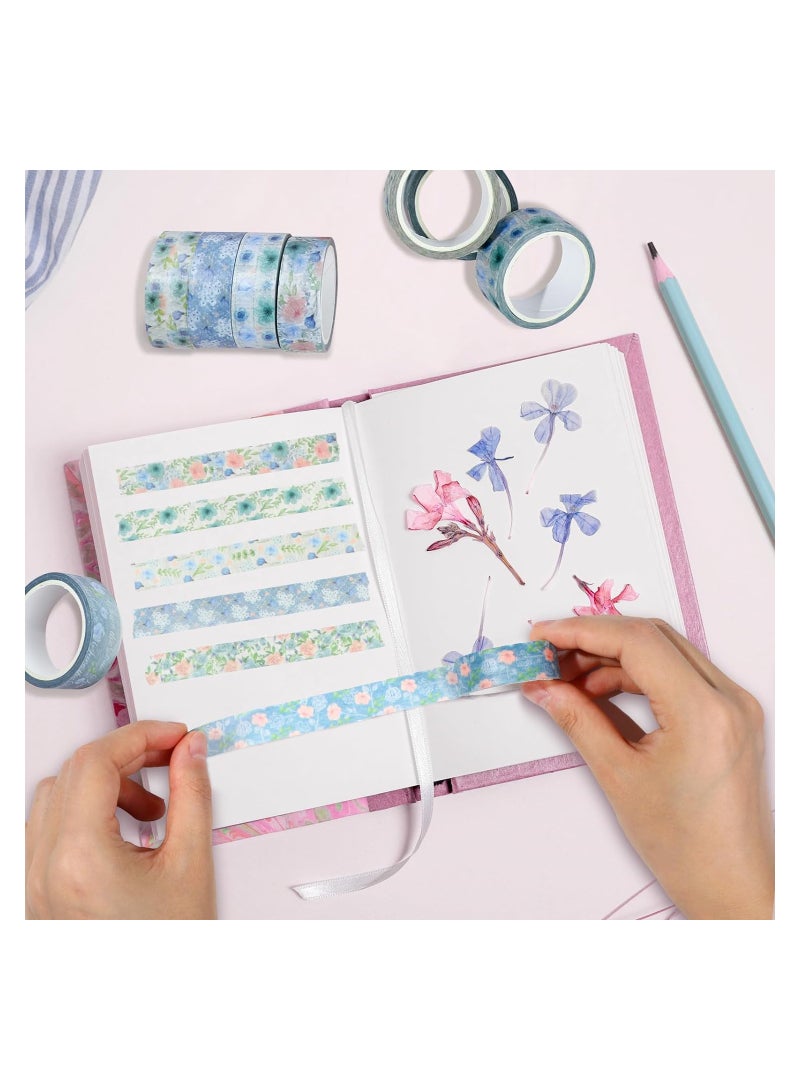 Zikra Blue Floral Washi Tape, 12 Rolls Watercolor Rose Washi Masking Tape 15 mm Flower Pattern Decorative Paper Sticker for Scrapbook Journal Supplies Planners DIY Crafts Card Making - Image 2
