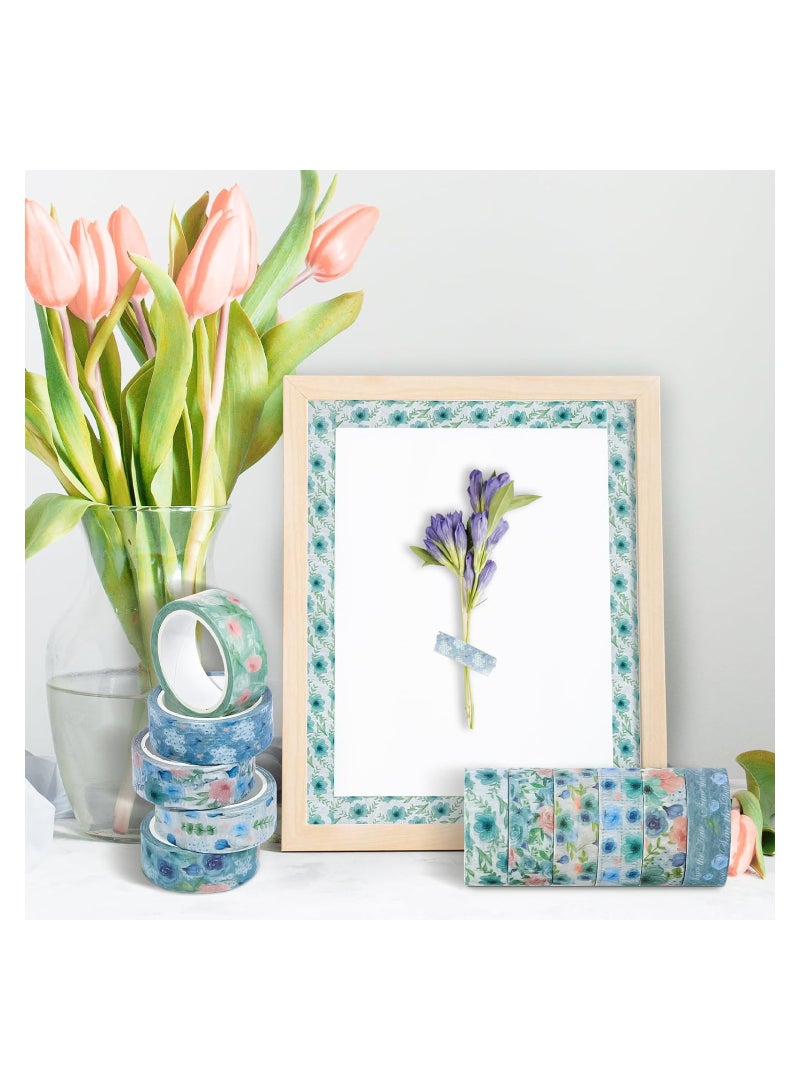 Zikra Blue Floral Washi Tape, 12 Rolls Watercolor Rose Washi Masking Tape 15 mm Flower Pattern Decorative Paper Sticker for Scrapbook Journal Supplies Planners DIY Crafts Card Making - Image 4