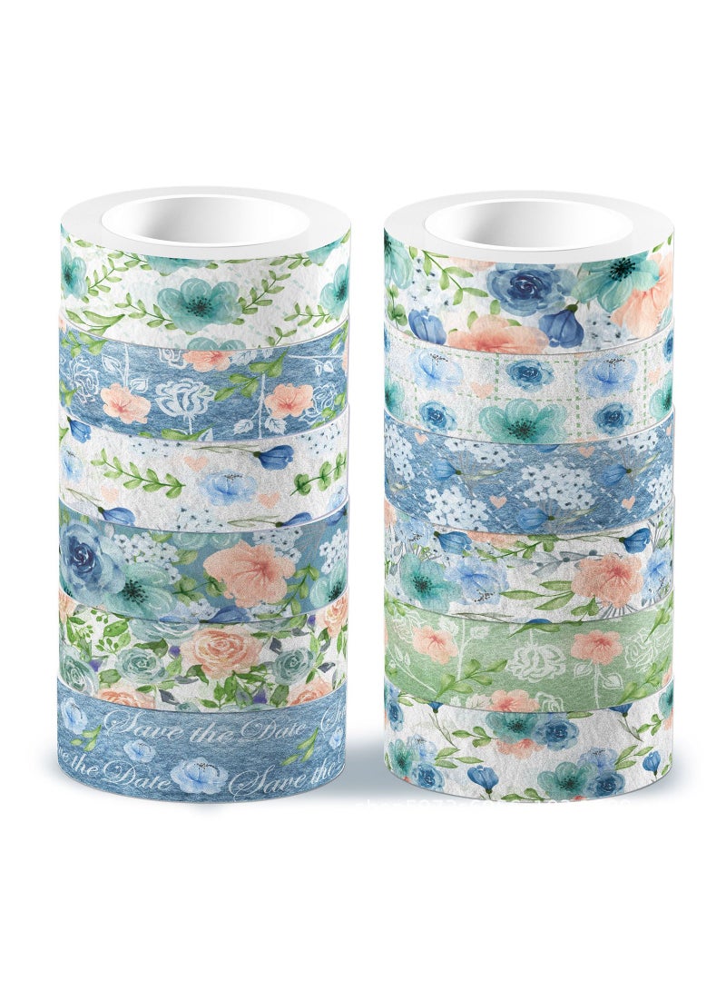 Zikra Blue Floral Washi Tape, 12 Rolls Watercolor Rose Washi Masking Tape 15 mm Flower Pattern Decorative Paper Sticker for Scrapbook Journal Supplies Planners DIY Crafts Card Making - Image 1