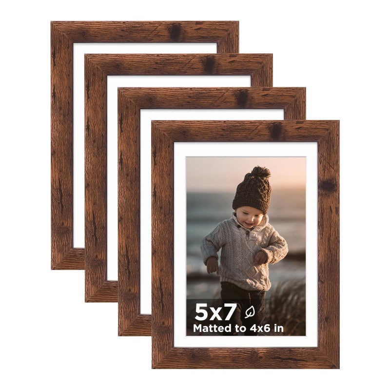 إطار صور كينلينك 5x7 بني ريفي مجموعة من 4 إطارات صور خشبية مع زجاج أكريليك 4x6 مع إطار أو 5x7 بدون إطار للعرض على الطاولة والجدار