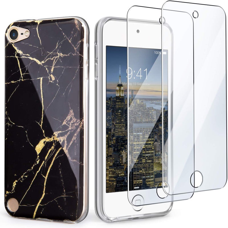 IDWELL iPod Touch Case with Screen Protectors, Slim FIT Anti-Scratch Flexible Soft TPU Bumper Hybrid Shockproof Protective Case for iPod Touch 5/6/7, Black Marble - Image 1
