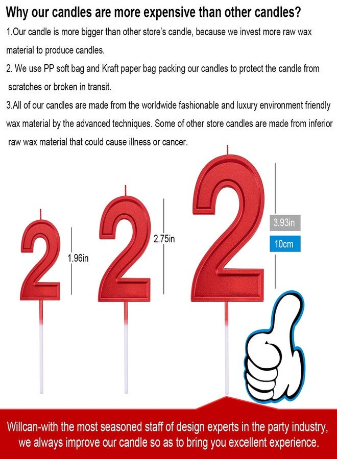 Willcan 3.93in Big Size Happy Birthday Metallic Red Number 2 Candles, Happy Birthday Cake Cupcake Toppers Decoration and Celebrating for Adults/Kids Party or Family Baking (3.93in red Number 2) - Image 2